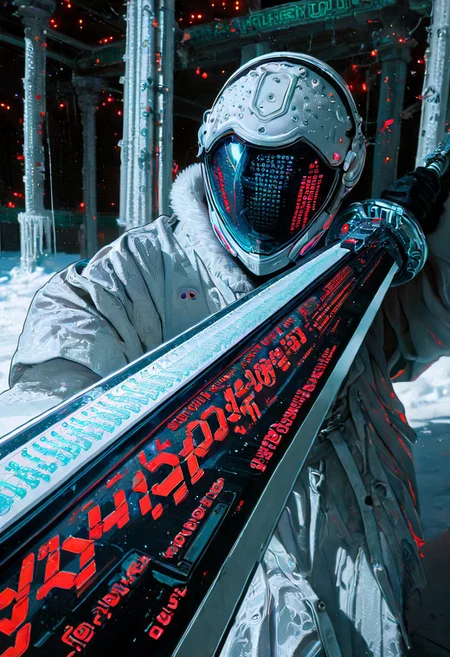 (buchi \(qooo003\), aleriia v, tonton, kyu yong eom:0.9),, masterpiece, newest,absurdres,very awa, solo, visor, helmet, cyborg, intricate detail, holding sword, pointed down, close-up, (transparent:0.9),(huge weapon:1.1),  motion lines, depth of field, (depth),mcnm,
BREAK,
robe, techwear, geometric, layered fabric, snow, cyberpunk, bunker, neon lights, frost, cement, pillars, (binary:1.2), (reflection:1.1), double exposure, abstract background, neon trim, XUER guangying, 4ki4k4ne_illu, arrow symbol,surreal lighting, high-contrast shading, trippy, weapon focus,