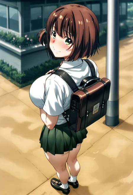 score_9_up, score_8_up, score_7_up, best quality, masterpiece, source_anime, ichinosetouko, 1girl, solo breasts, huge breasts, thick thighs, perfect face, backpack,(deepskin:1.2) school, shirt, looking at viewer, ribbon, side ponytail, smile, blush, white shirt, green skirt, school, outdoors, shy, feet on frame,legs focus, tiptoes, legs together, (view from above:1.3), highest view angle, tassel loafers, black shoes, slim legs, slim body, standing, view from behind, back focus