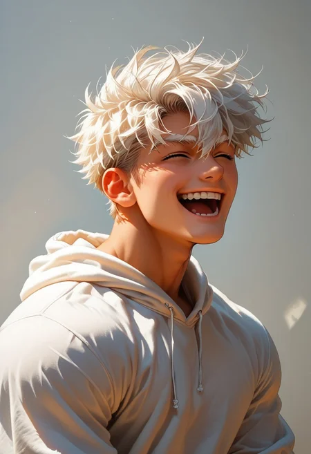 score_9, score_8_up, score_7_up, source_anime, 1boy, male focus, upper body,, side view, laughing, happy laughing, true laughing, detail background, white hair, gray eyes, skinny muscular, ((black skin)), ((dark skin)), white eyebrows, beefy bodybuilder, Wearing a hoodie, white hoodie, pajamas, cute, adorable.
twink, bodybuilder. sexy face, blushed, cute face. defined body, toned body. massive muscles,
cute expression, groping self, hyper detailed, analog photo, Cinematic, beach background
