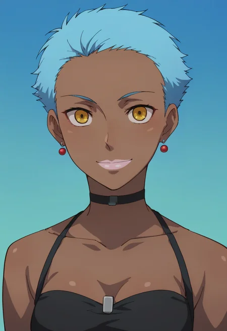 score_9,score_8_up,score_7_up,score_6_up,score_5_up,score_4_up,anime coloring,source_anime,<lora:April_Darker_than_Black_Pony:0.8>,april,1girl,solo,dark skin,yellow eyes,blue hair,short hair,lipstick,earrings,black bra,smile,multicolored background,portrait,upper body,looking at viewer,