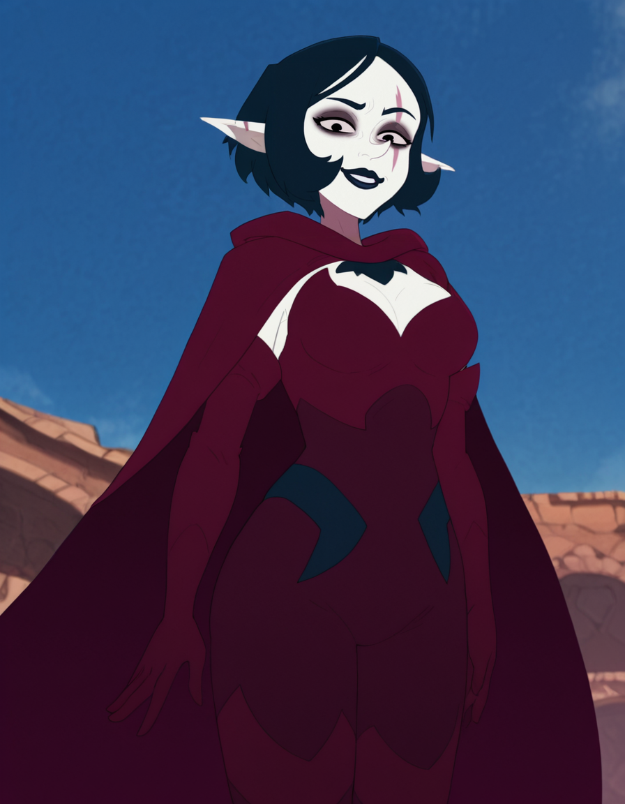 <lora:JudithDofusIllustrious1.0JLFO:1> judithdofus, 1girl, blue hair, short hair, solo, pointed ears, makeup, blue lips,cape,  , black eyes, pale skin, bodysuit, elbow gloves, scar across eye, looking at viewer, cowboy shot,smile, outdoors, blue sky,
