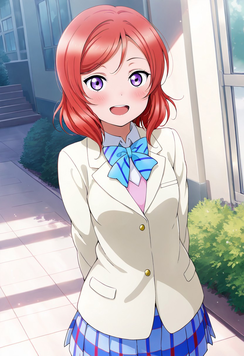 masterpiece, best quality, solo, 1girl, 
maki_nishikino, short hair, purple eyes, red hair, skirt, jacket, blazer, winter uniform, otonokizaka school uniform, happy, standing,