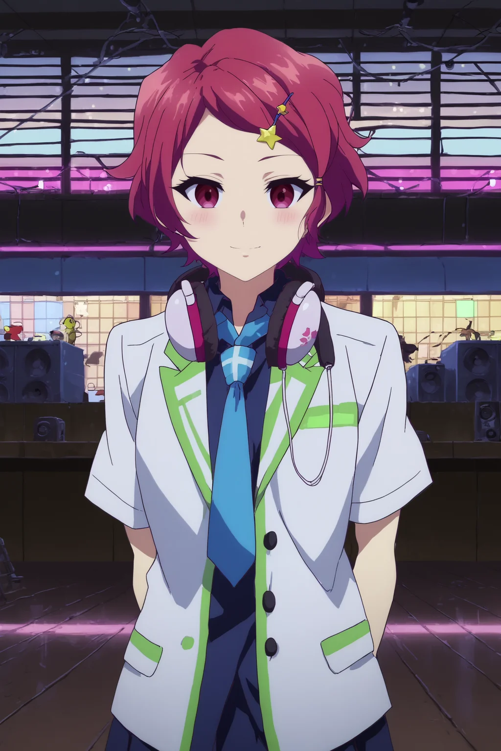 koito minase,1girl,solo,smile,headphones around neck,headphones,necktie,short hair,hair ornament,hairclip,star (symbol),star hair ornament,looking at viewer,school uniform,jacket,lowlight,low light,oily skin,shiny_skin,upper body,smile,good_hands,standing BREAK indoors,nightclub,music,lights, dancefloor, DJ, speakers,shadows,led,pink neon led arms behind back, <lora:Koito_Minase_-_Musaigen_no_Phantom_World.safetensors:0.8> <lora:detailed_backgrounds_v2.safetensors:0.7> <lora:lowlight.safetensors:0.8>