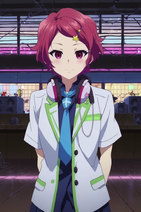 koito minase,1girl,solo,smile,headphones around neck,headphones,necktie,short hair,hair ornament,hairclip,star (symbol),star hair ornament,looking at viewer,school uniform,jacket,lowlight,low light,oily skin,shiny_skin,upper body,smile,good_hands,standing BREAK indoors,nightclub,music,lights, dancefloor, DJ, speakers,shadows,led,pink neon led arms behind back, <lora:Koito_Minase_-_Musaigen_no_Phantom_World.safetensors:0.8> <lora:detailed_backgrounds_v2.safetensors:0.7> <lora:lowlight.safetensors:0.8>
