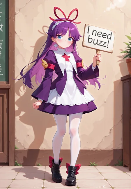 <lora:PFeli_SDXL_Illustrious01_fp16_ver01:1>,PFeli, 1girl, long hair,purple hair, white pantyhose, dress, red ribbon, blue eyes, black footwear, long sleeves, red bow, hairband, need_buzz, holding sign, (masterpiece), best quality, (highly detailed), very aesthetic, absurdres,<lora:detailed_hands:1>,hand