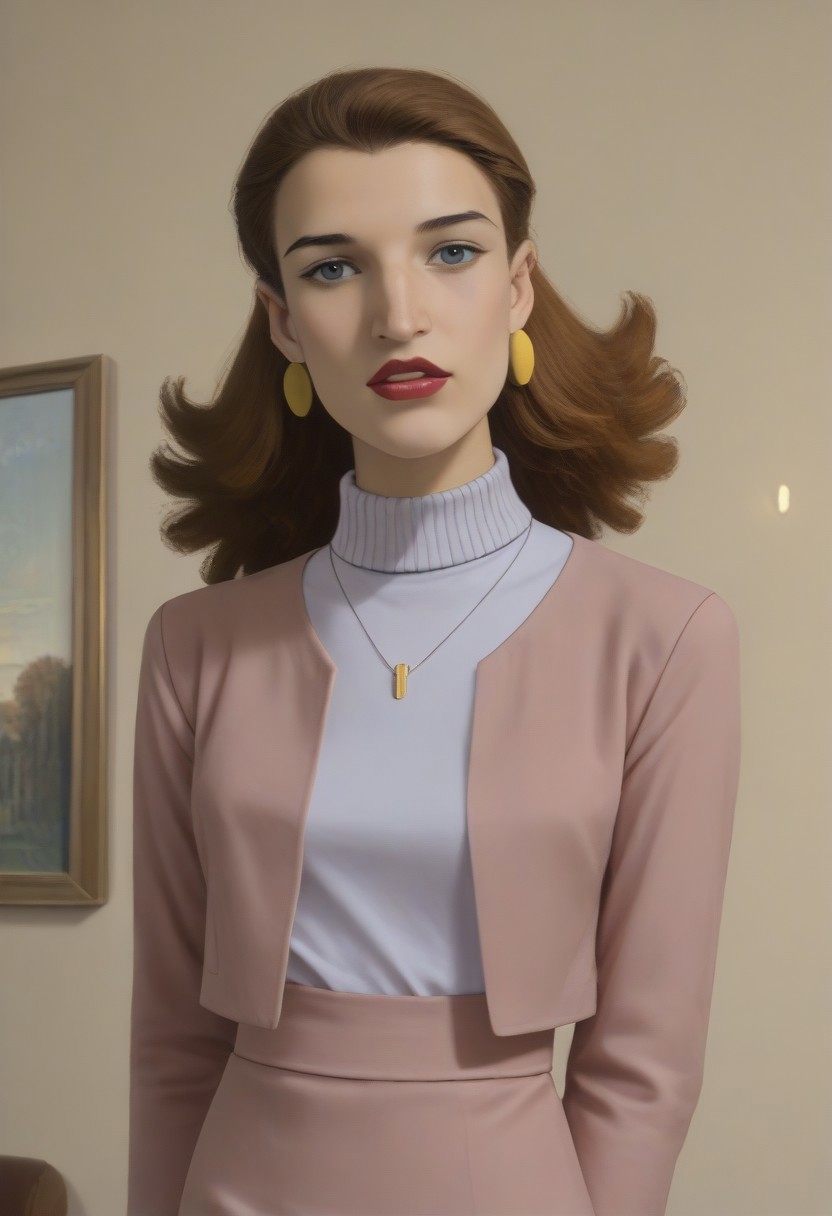 score_9, score_8_up, score_7_up, realistic photo of ktprdm, 1girl, upper body, (looking at viewer), parted lips, 1girl, slicked hair with curly ends, roman nose, grey eyes, red lips, earrings, necklace, pink blazer, purple turtleneck, pink skirt, by loish, masterpiece, lips parted, slim figure, petite, simple background, livingroom, side lighting, warm lights