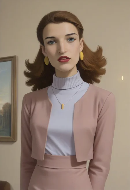 score_9, score_8_up, score_7_up, realistic photo of ktprdm, 1girl, upper body, (looking at viewer), parted lips, 1girl, slicked hair with curly ends, roman nose, grey eyes, red lips, earrings, necklace, pink blazer, purple turtleneck, pink skirt, by loish, masterpiece, lips parted, slim figure, petite, simple background, livingroom, side lighting, warm lights