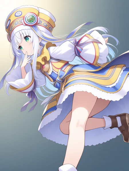 perfect quality,best quality,absolutely eye-catching,ambient occlusion,raytracing BREAK
1girl,<lora:riria IL v1.1:0.9>,riria,white hair,green eyes,long hair,hat,dress,lace trim,wide sleeves,long sleeves,shoes,ribbon,, from below, looking away,portrait,leaning_forward,occlusion,hand_to_mouth,standing_split,_leg_up,