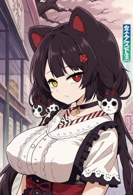 1girl, inui toko, dog girl, heterochromia, closed mouth, choker,  :<, frills, black hair, dog ears,virtual youtuber, hair flower, flower, animal ears, brown hair, long hair, yellow eyes, twintails, hair ornament, low twintails,  red eyes,  <lora:pony_char_inui_toko-000006:1>,,,,,, anime coloring, anime screencap, 1girl,Solo ,, anime,PUFFY nipple,huge breasts,,official art, Uncensored ,Unedited ,,,, , ,,,
