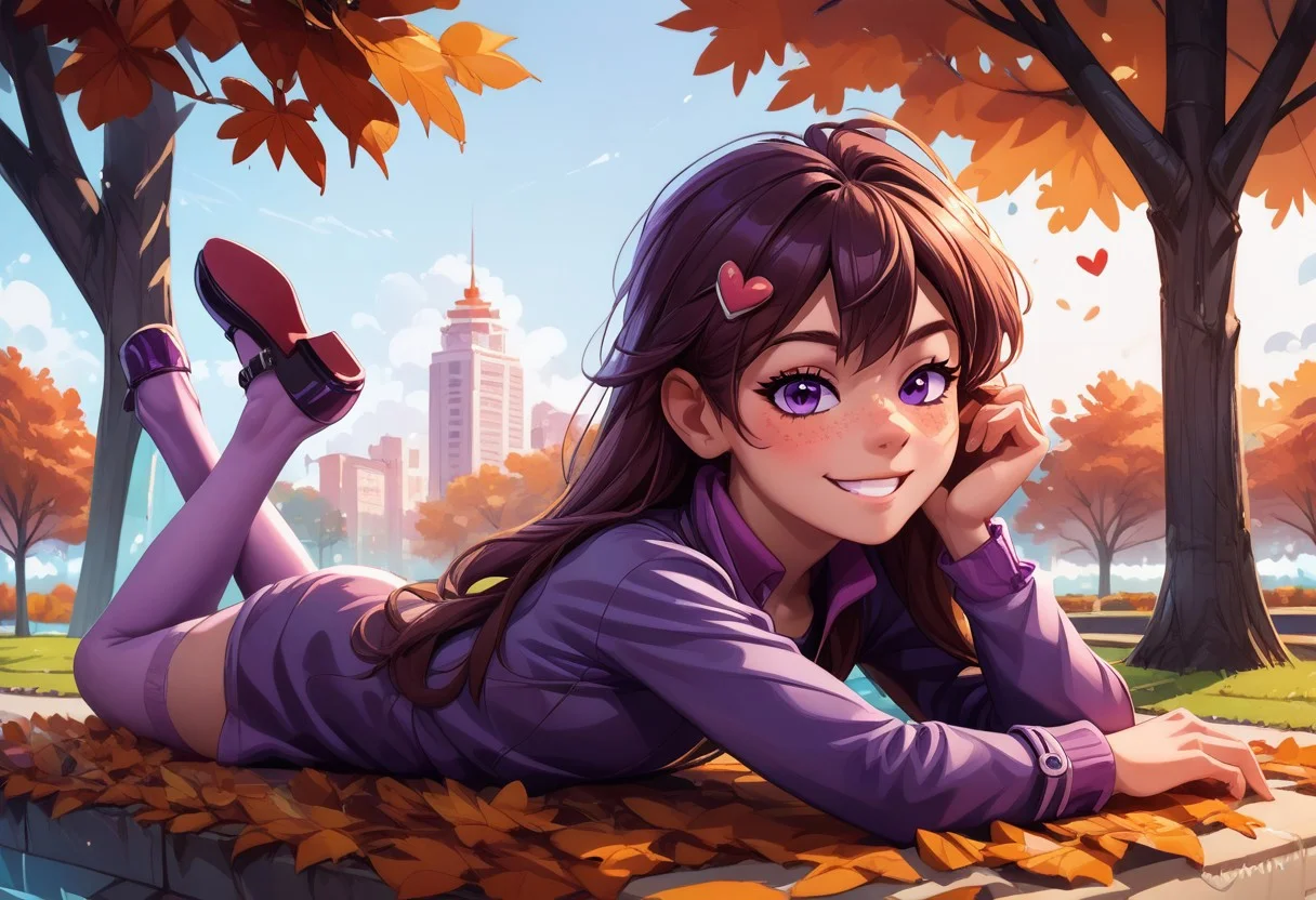 source_anime, score_9, score_8_up, score_7_up. 1girl, solo, kukiqt, brown hair, long hair, purple eyes, freckles, heart hair ornament, purple jacket, purple dress, purple thighhighs, mary janes, smirk, smile, looking at viewer, rating_safe, park, overstimulation, lying on stomach, full body, autumn,