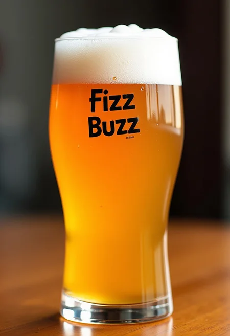 a beer pilsner glass full of foamy beer, "Fizz Buzz" written on top of the foam
