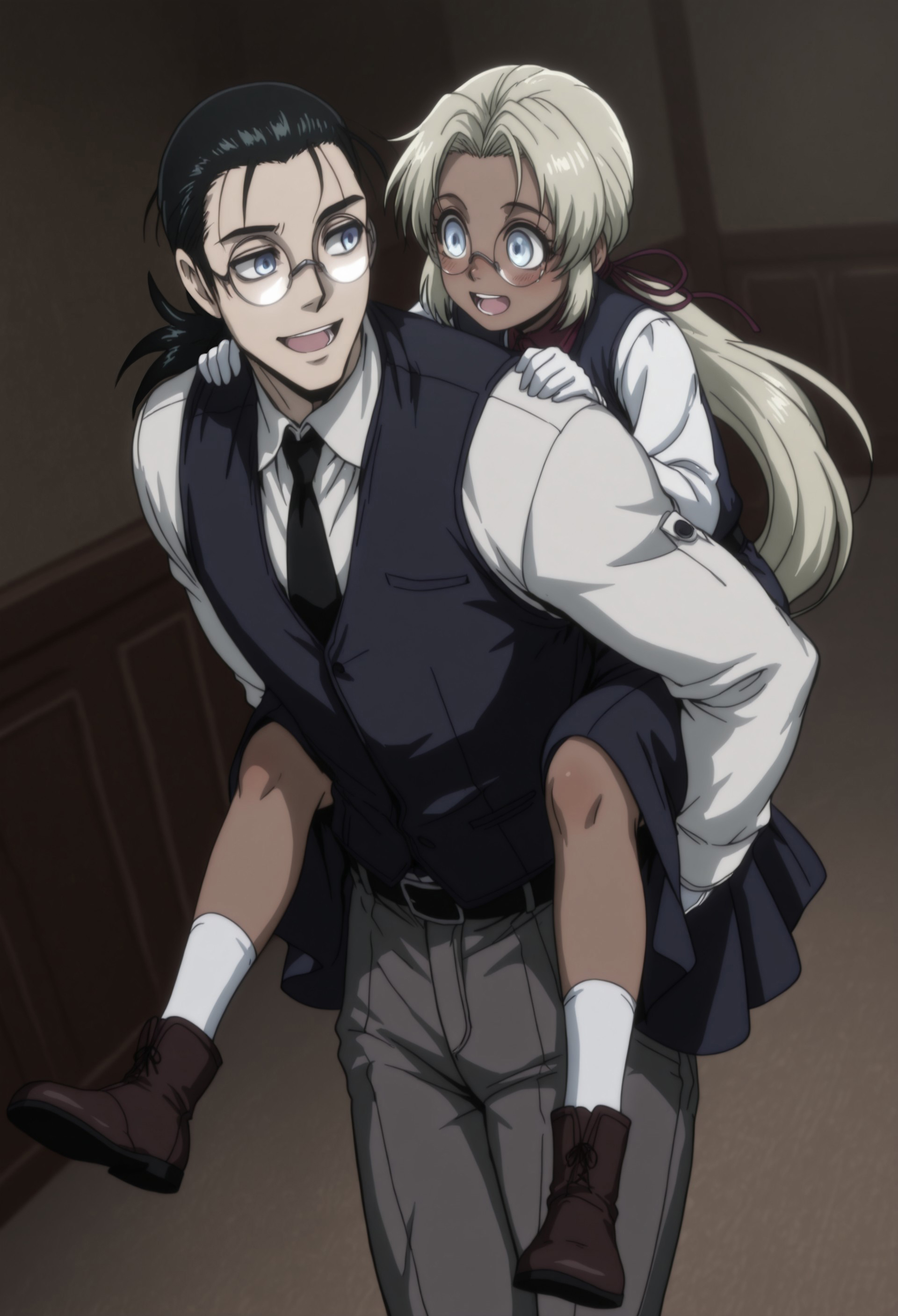 masterpiece, best quality, amazing quality, very aesthetic, absurdres, <lora:piggyback-illustriousxl-lora-nochekaiser:1>, piggyback, carrying, hetero, carrying person, walking, cowboy shot, girl on top, dark-skinned female, ((YoungIntegra, 1girl, child, blonde hair, very long hair, blue eyes, glasses, white blouse, red neck ribbon, blue long skirt, white socks, brown boots,)). BREAK
(DarkWalter, solo, 1boy, male focus, black hair, ponytail, hair pulled back, hair ribbon,  blue eyes, glasses, round eyewear, white shirt, blue vest, black necktie, white gloves, black belt, grey pants, black shoes).
indoors, manor, perspective, looking at another, laughing