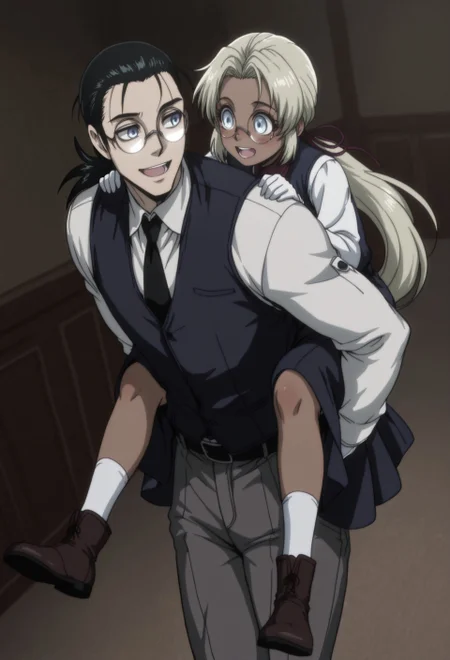 masterpiece, best quality, amazing quality, very aesthetic, absurdres, <lora:piggyback-illustriousxl-lora-nochekaiser:1>, piggyback, carrying, hetero, carrying person, walking, cowboy shot, girl on top, dark-skinned female, ((YoungIntegra, 1girl, child, blonde hair, very long hair, blue eyes, glasses, white blouse, red neck ribbon, blue long skirt, white socks, brown boots,)). BREAK
(DarkWalter, solo, 1boy, male focus, black hair, ponytail, hair pulled back, hair ribbon, blue eyes, glasses, round eyewear, white shirt, blue vest, black necktie, white gloves, black belt, grey pants, black shoes).
indoors, manor, perspective, looking at another, laughing