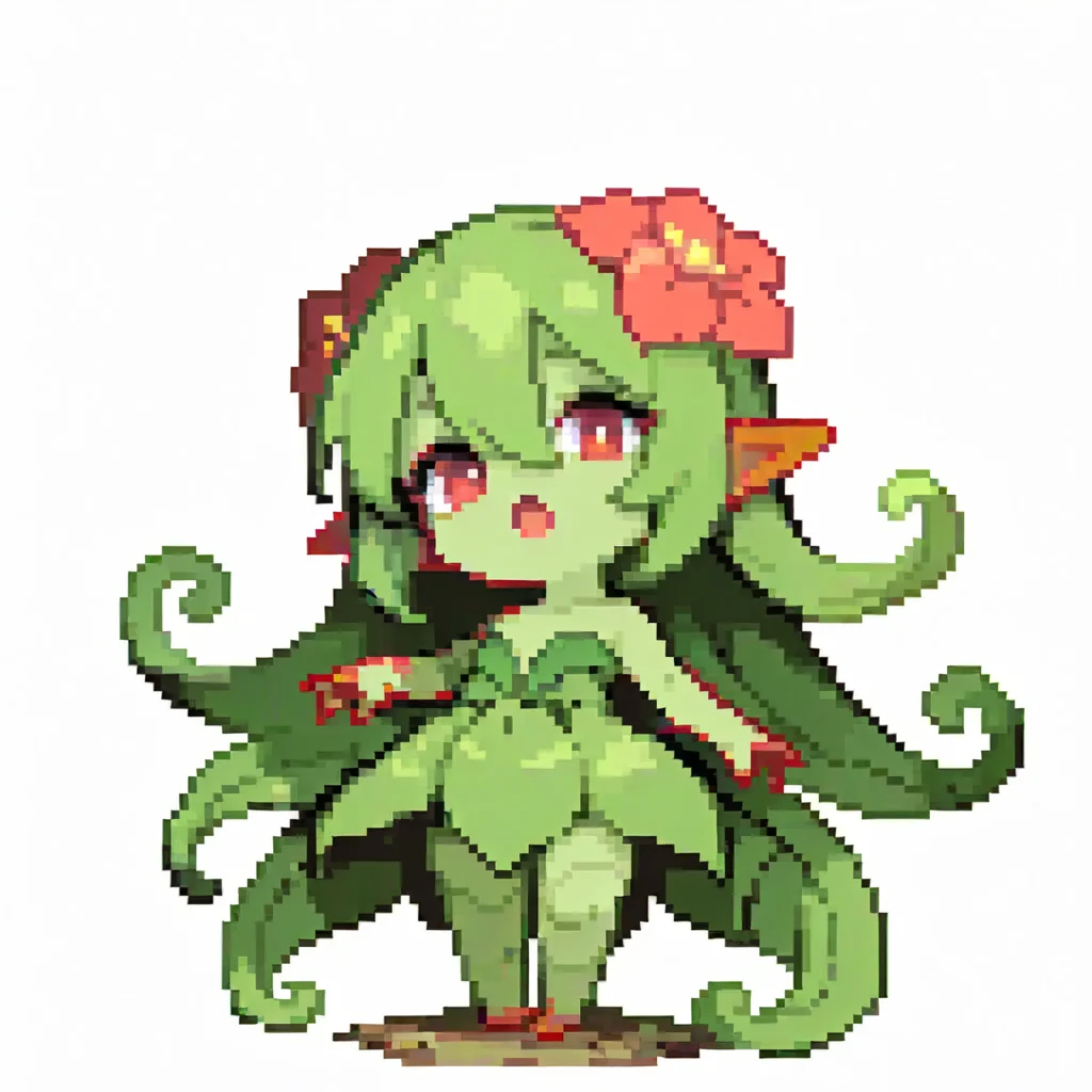 pixel art, chibi,
1girl, plant girl, red eyes, green hair, green skin, very long hair, bangs, hair between eyes,
open mouth,
solo, full body, standing,
(white background, simple background:1.3) <lora:ElinSpriteNoobLocon_byKonan:1>