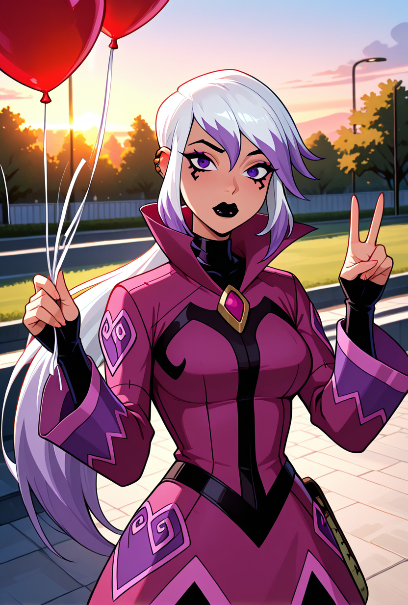<lora:charmov:1> charmov, long hair, ponytail, , white hair,, 1girl, multicolored hair, purple eyes, ear piercing, two-tone hair, makeup, solo, long sleeves, black lips, purple jacket, long jacket, popped collar, facial expression, dynamic pose, in public park, peace sign with hands, holding balloon, golden hour, sunset,, masterpiece, best quality, amazing quality, very aesthetic, absurdres, newest,