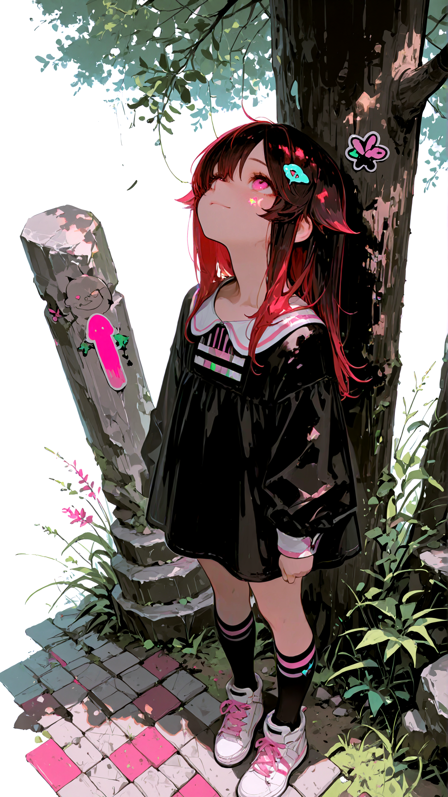 masterpiece, newest,absurdres,incredibly absurdres, best quality, amazing quality, very aesthetic, simple white background, 
1girl, tree shade, stone path, (monolith \(object\):1.3),black hair, light smile, adventure dress, grass, standing, short dress, white dress, pink stripes, vertical stripes, red hair, long hair, hair ornament, flaps, sticker on monolith, kneehighs, white sneakers, looking up,
 <lora:USNR_STYLE_ILL_V1_lokr3:1> usnr   <lora:bWluaW1hX2Fp-illustriousXL_v01_V4-CAME:1> bWlua, <lora:CleanMinimalistWAN:1>