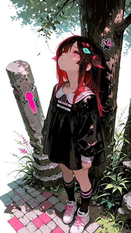 masterpiece, newest,absurdres,incredibly absurdres, best quality, amazing quality, very aesthetic, simple white background,
1girl, tree shade, stone path, (monolith \(object\):1.3),black hair, light smile, adventure dress, grass, standing, short dress, white dress, pink stripes, vertical stripes, red hair, long hair, hair ornament, flaps, sticker on monolith, kneehighs, white sneakers, looking up,
<lora:USNR_STYLE_ILL_V1_lokr3:1> usnr <lora:bWluaW1hX2Fp-illustriousXL_v01_V4-CAME:1> bWlua, <lora:CleanMinimalistWAN:1>