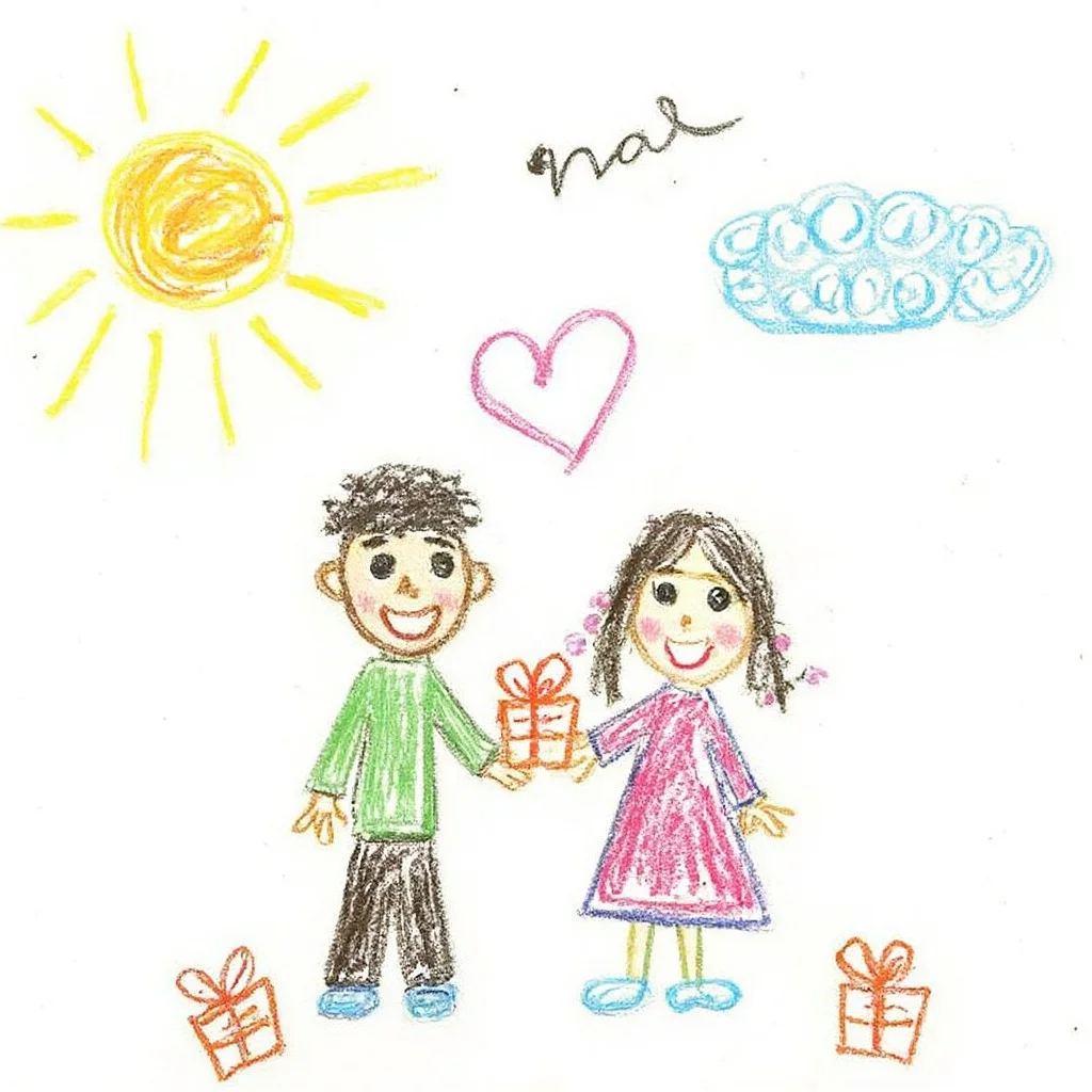 A colorful, whimsical drawing, depicting a simple, childlike illustration of a boy and girl exchanging valentine's gifts