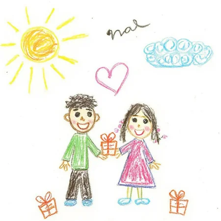 A colorful, whimsical drawing, depicting a simple, childlike illustration of a boy and girl exchanging valentine's gifts