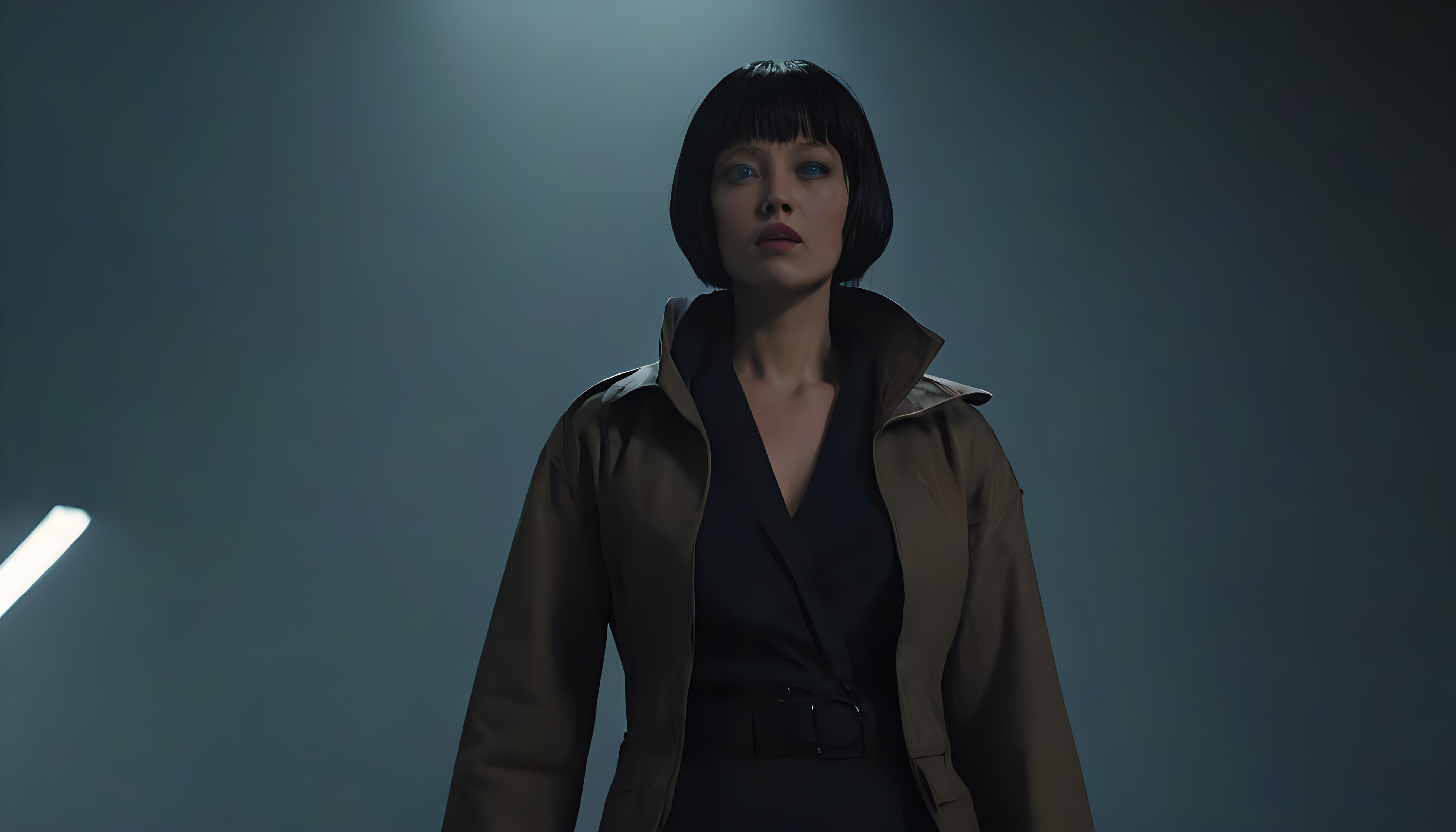 Motoko Kusanagi in Blade Runner 1982, neo noir, cyberpunk, cinema still medium shot 8k, wearing school uniform