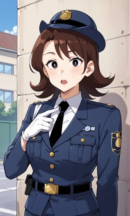 (1girl:1.5), (solo:1.3), (score_9, score_8_up, score_7_up, score_6_up, score_5_up, score_4_up), (source_anime), rating_questionable, (upper body:1.3), outdoors, blue sky, cinder block wall,  
 <lora:officer-jujo_v1:0.8> (officer-jujo), (black eyes, eyelashes, brown hair, medium hair, flipped hair), (policewoman, police uniform, white collared shirt, white gloves, blue jacket, long sleeves, epaulet cord, black necktie, belt, blue skirt, miniskirt, pencil skirt, police hat, blue headwear, no socks, black footwear), (huge breasts),open mouth, 
, gun, holding gun, handgun, two-handed, revolver, finger on trigger, hand up,