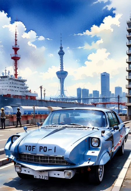 A watercolor painting of a car. A car parked near Kobe Port. In the background you can see a tanker,and beyond that you can see Kobe Tower and skyscrapers. The sky is blue and the overall atmosphere of the image is nostalgic,peaceful and calm. It evokes joy.,Watercolor,Paul Lovering Style,Trending on Artstation,Atmospheric,r,<lora:pointer_sdxl:1>,Pointer,<lora:aesthetic_anime_v1s:0.9>,
1girl,solo,TDF-UG,anne,