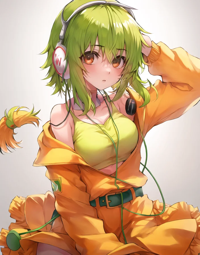 Gumi, solo, ((focus on face)), looking at viewer, white background  <lora:Gumi_V1-01:0.6>,  earphones,