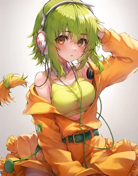Gumi, solo, ((focus on face)), looking at viewer, white background <lora:Gumi_V1-01:0.6>, earphones,