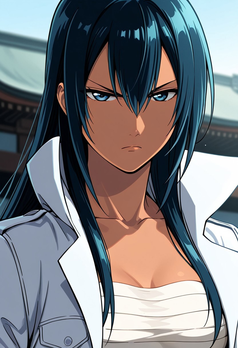 masterpiece, very aesthetic,8k,masterpiece, best quality, Aoikuni, dark hair, chest sarashi, white trench coat, solo, 1girl, closeup, blue hair, long hair, serious, blue eyes, frown, closed mouth, tanned skin
, impressionism 1.5, high detail, depth of field, blurred background, dramatic lighting, outdoors,  ,SmoothNegative_Hands