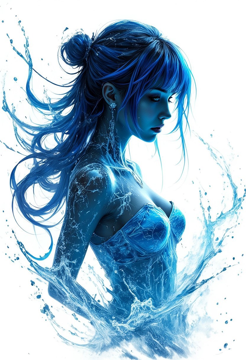 Silhouette Art, magnificent. splashes of water coalesce into female water elemental, long blue hair, bangs, pulsing with water and blue electrical energy