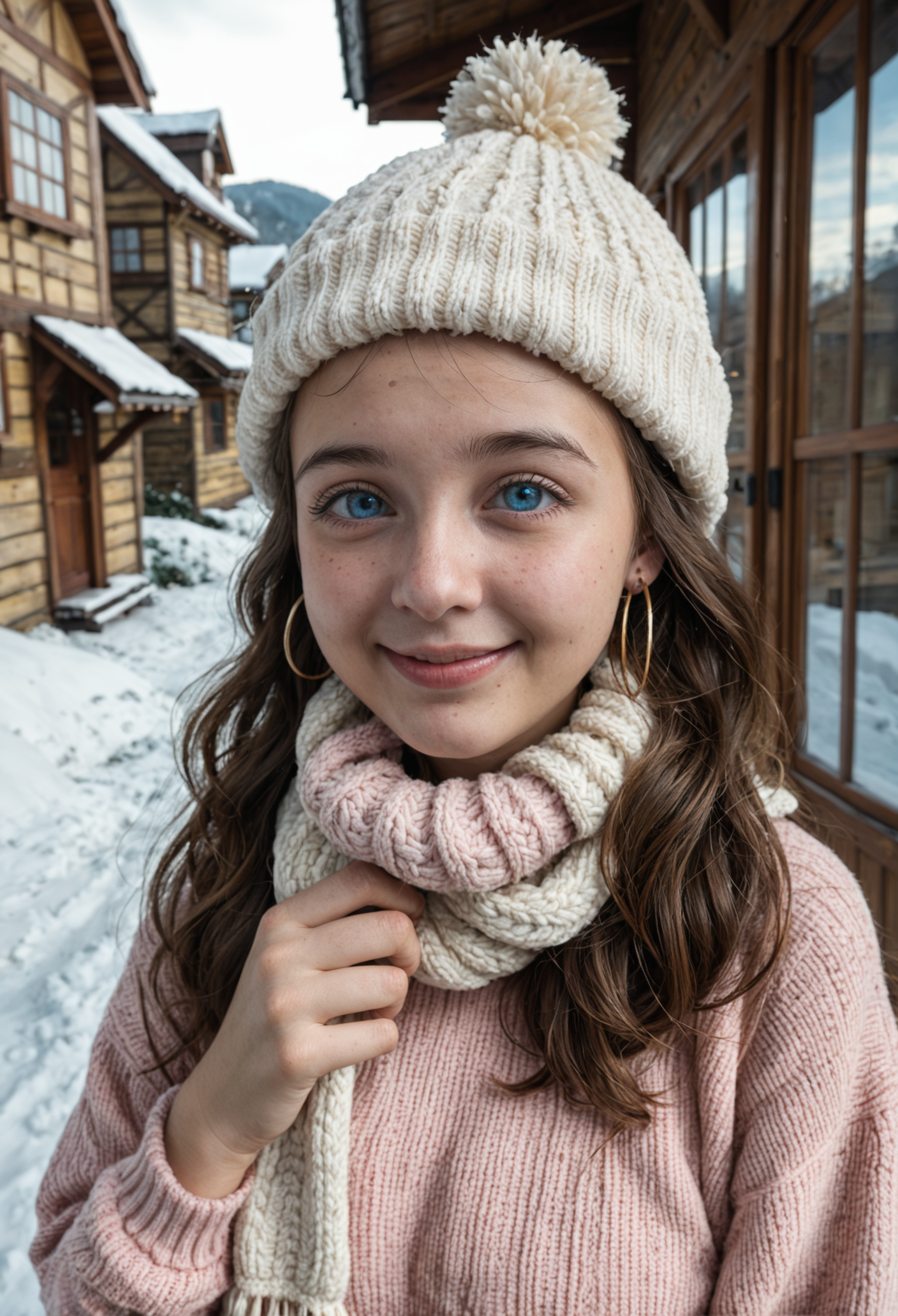 hyperrealism,raw photo, 8k, real human, score_9, score_8_up, score_7_up, masterpiece, ultra-detailed, high resolution, 1girl, 18 years old, very beautiful, sweet soft smile:1.3, cute, kawaii, youthfull, timid, french girl, (long ginger hair one braid with bangs1.2), (beautiful perfect detailed deep blue eyes:1.6, realistic eye iris texture:1.4), thin pink glossy lips, small nose upturn, red cheeks, perfect ralistic skin texture:1.6, (thin eyebrown:1.6), (detaild background outdoor, sunny day, winter mountain small towm, stone houses:1.3), (long soft furry multicolored shade scarf:1.6), (soft wool hat, soft pale pink sweater:1.5), beautiful smile, closed mouth, full lips:1.6, closed lips, gold loop earrings, (sun out of frame:1.6), (close-up view:1.6), realistic skin texture:1.5, <lora:Pony Realism Slider:3> realism:1.6, <lora:Dramatic Lighting Slider:1.2>, (dramatic lighting:1.4)