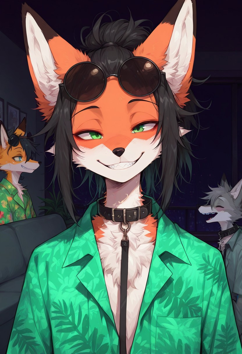 score_9, score_8_up, score_7_up, masterpiece, best quality, high quality, sharp lines, solo, luminescent background, furry, fur, fur covered,
BREAK, anthro, skinny, fox, furry, male, green eyes, orange fur, messy hair, black hair, hair combed back, ponytail, round sunglasses on head, green and grey hawaiian shirt, collar, leash, eyes closed, wide smile, teeth, head raised, night, living room, detailed, colorful, dark background, portrait, front view