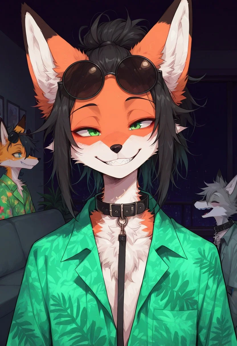 score_9, score_8_up, score_7_up, masterpiece, best quality, high quality, sharp lines, solo, luminescent background, furry, fur, fur covered,
BREAK, anthro, skinny, fox, furry, male, green eyes, orange fur, messy hair, black hair, hair combed back, ponytail, round sunglasses on head, green and grey hawaiian shirt, collar, leash, eyes closed, wide smile, teeth, head raised, night, living room, detailed, colorful, dark background, portrait, front view