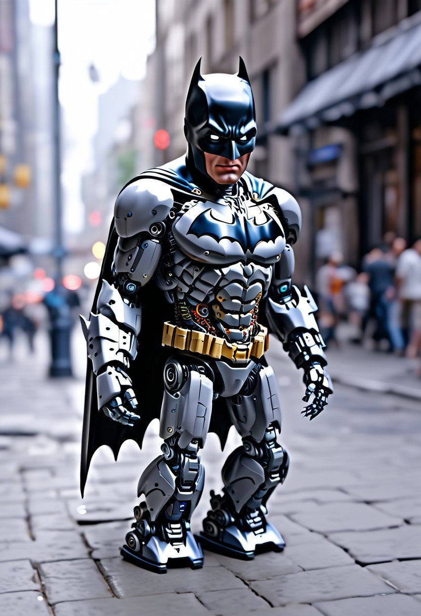 Small Robot Batman , Jed-Rbmls, masterpiece, intricate details, street , focus blur, hd, 8k, high definition, BREAK, score_9, score_8_up, score_7_up, score_6_up,Batman1997-1024