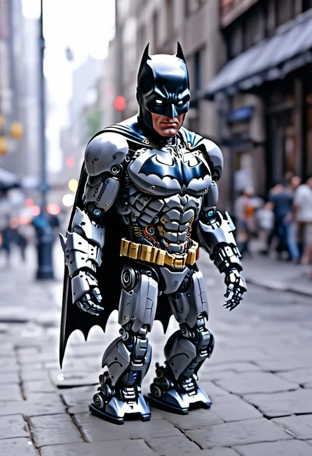 Small Robot Batman , Jed-Rbmls, masterpiece, intricate details, street , focus blur, hd, 8k, high definition, BREAK, score_9, score_8_up, score_7_up, score_6_up,Batman1997-1024