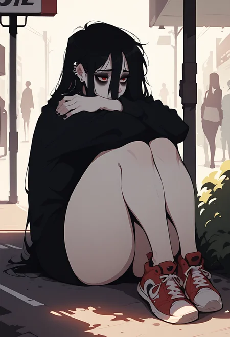 score_8_up, woman, red eyes, black hair, long hair, medium breasts, goth, ear ring, ear piercing, depressed, bags under eyes, outside, sunlight ,shadow, hugging legs, on ground, at the side of a street, store, thick thighs, sneakers, <lora:NoctFlatStyleV4:0.85>