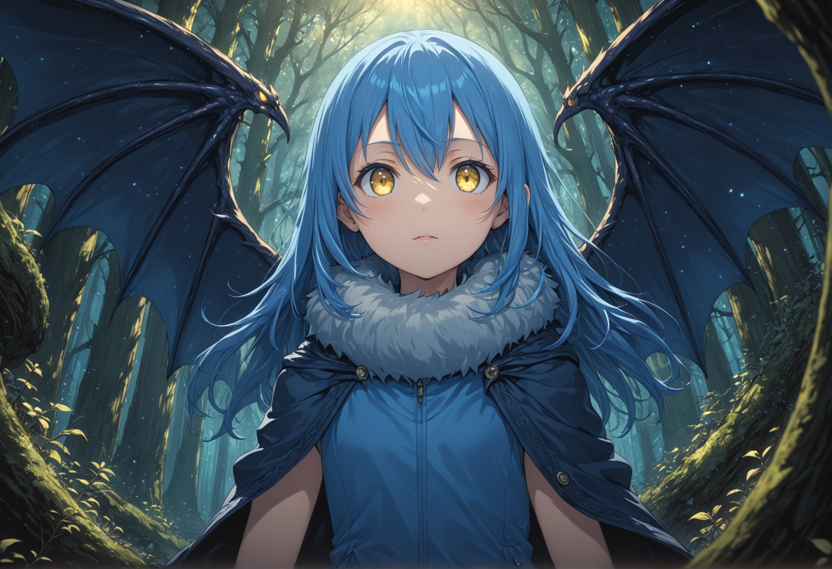 tsepmet_urumir_xl, rimuru tempest, wings, long hair, blue hair, solo, hair between eyes, fur trim, fur collar, fur trimmed jacket, looking at viewer, demon wings,
In a mysterious enchanted forest, depth of field, dutch angle, from below,
intricate detail, cinematic lighting, amazing quality, amazing shading, detailed Illustration, official artwork, wallpaper, official art, thigh gap,
(masterpiece, best quality:1.2), extremely detailed eyes and face, beautiful detailed eyes, yellow eyes,
<lora:Rimuru_Tempest_Character_XL:1>
<lora:IOS_Iridescent_opal_style:0.6>