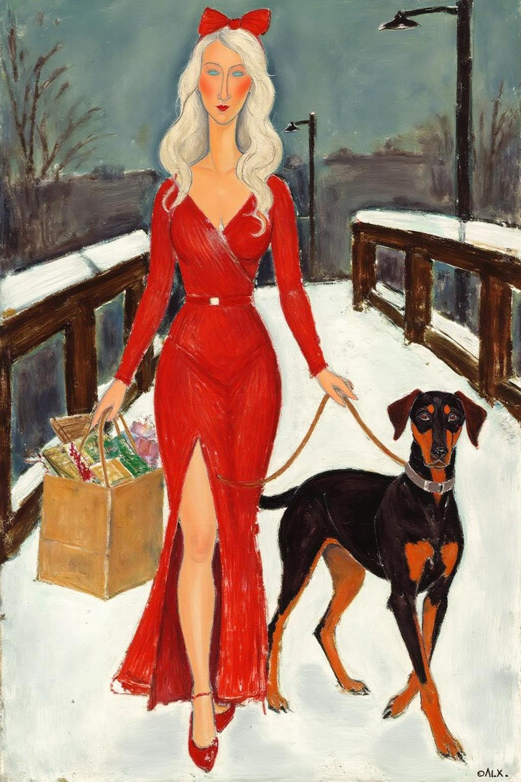 amedeomodigliani1 painting.
A woman with long, wavy white hair is wearing a red dress with a high slit and a red bow in her hair. She is walking in the snow on a bridge, holding a shopping bag filled with wrapped presents in one hand and a leash attached to a dobermann dog in the other.  <lora:amedeomodigliani1_cap_d6a3e8:1.0><lora:847313328119242024:0>