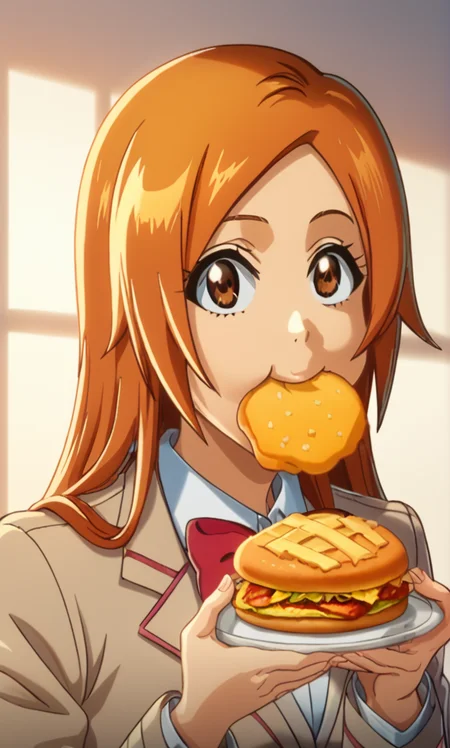 score_9, score_8_up, score_7_up, ,source_anime,BREAK,overalldetail,eyedetail,detailed face,
BleachTYBW,orihime,score_9,, 1girl, eating, food, solo, school uniform, bow, orange hair, brown eyes, long hair, long and slim cheese, jacket, holding, bowtie, looking at viewer,sunset ligths,natural lights,shadows
<lora:bleach_tybw_pony:0.8>