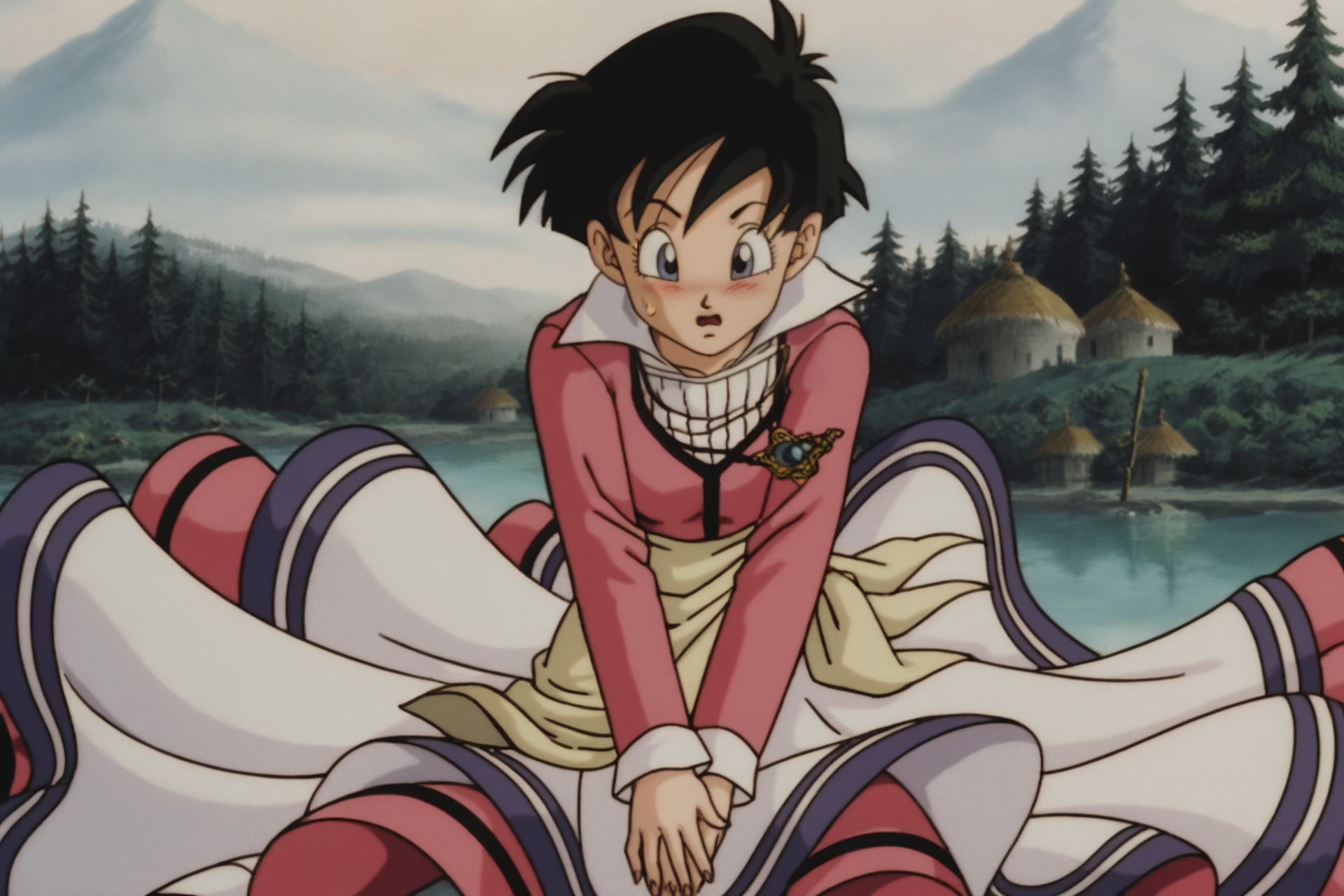 source_anime, score_9, score_8_up, score_7_up, anime screencap,
videl, movie accurate, 1girl, pendant, covering crotch, movie dress, solo, blush, short hair, open mouth, black hair, long sleeves, dress, raised eyebrows, outdoors, necklace, multicolored dress, pink dress, embarrassed, striped shirt, collar up, sweatdrop, black eyes, tree, looking down, wind, nature, forest, mountain, retro artstyle, wind lift, lake, collarbone, cowboy shot, fingernails, long dress, spiked hair, wrapped
<lora:videlSatan_pony_v1:0.8>