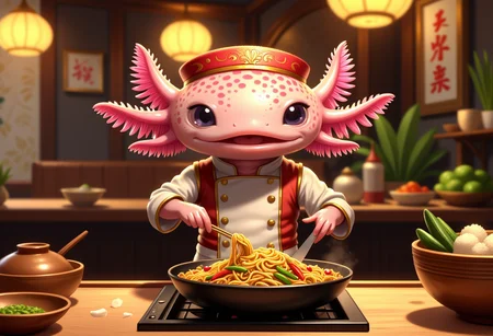 broken age of, axolotl chef, in a Thai restaurant, stir-frying vegetables and noodles, wearing a traditional Thai outfit, aromatic and spicy flavors, the axolotl has pink frilly gills and pink skin