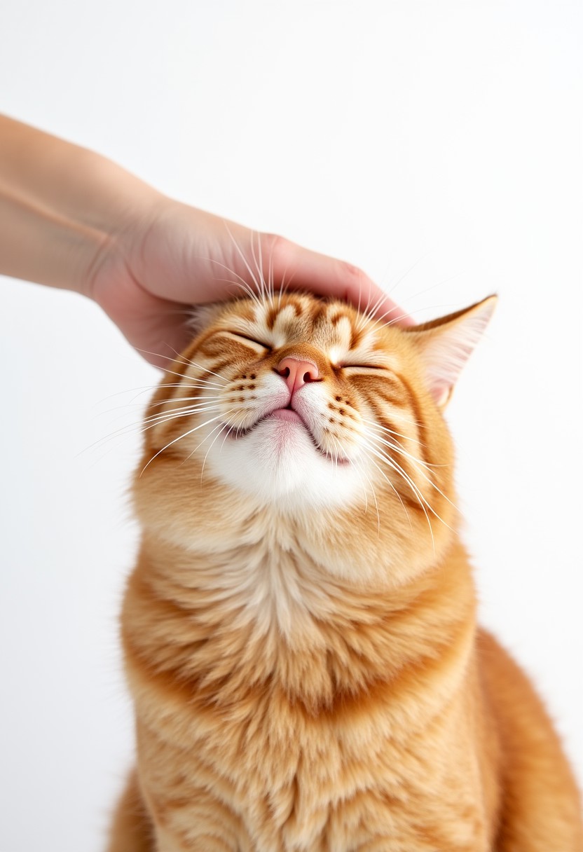 A contented orange cat with (eyes closed in bliss), being gently petted on the head by a (human hand). The cat's (expression is serene and joyful), [conveying a sense of pure comfort and satisfaction]. The background is [plain white], highlighting the (tender interaction) between the human and the pet. The composition captures a moment of (affection and connection), focusing on the (simple yet profound bond) shared between them.
