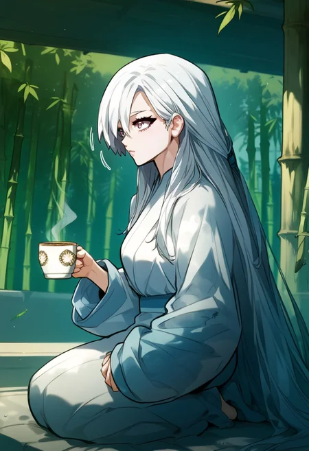zPDXL3, score_9_up, score_8_up, score_7_up, (Anime_source), 1girl, WhiteCrane, radiant eyes, white hair, long hair, WCS clothes, traditional temple, kneeling, from side, holding hot cup tea,
Bamboos, bamboo leaves, floating hair