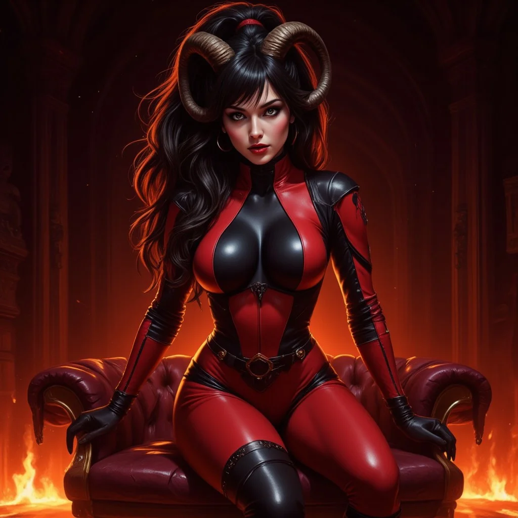 sci-fi magazine cover art style , Highly detailed SATAN'S LITTLE HELPER boujee goth lilith with long wavy black and red hair, hyper detailed coherent curved ram like horns on sides of head , hyperdetailed red and black leather jumpsuit, black leather gloves, black boots, dark fiery background, drawing in Charles M. Schultz style