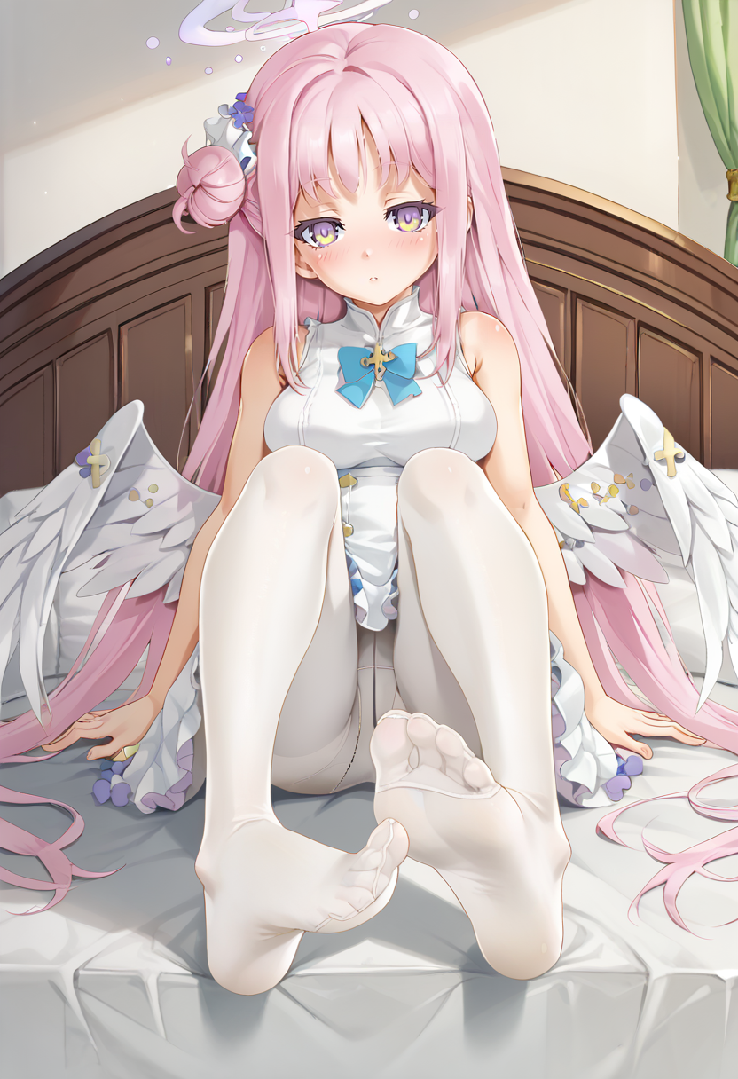 1girl, solo, foreshortening, foot focus, long hair, bangs, single side bun, pink hair, yellow eyes, breasts, white wings, feathered wings, low wings, angel wings, feet, legs, toes, soles, halo, looking at viewer, blush, parted lips, sitting, on bed, knees up, hair ornament, white dress, sleeveless dress, frilled dress, underwear, white panties, panties under pantyhose, white pantyhose, frills, sleeveless, no shoes, indoors, mika \(blue archive\)    <lora:happou_jin-Style-PonyXL-Dora-000037:1>