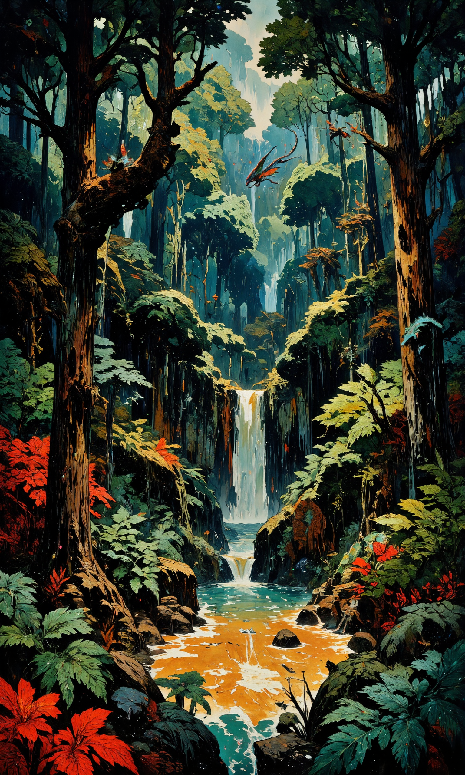 A captivating jungle landscape filled with ancient, towering trees and vibrant flora, including exotic flowering vines and oversized ferns, casting intricate shadows on the forest floor. Bioluminescent fungi and glowing mosses emit an ethereal blue and green glow, illuminating the terrain with a mystical ambiance. Inhabitants such as luminescent spirit dragons with iridescent scales weave gracefully through the thick canopy, their soft, radiant light contrasting the deep greens of the jungle. A serene waterfall cascades into a crystal-clear pool that glistens with a magical, golden hue under the dappled sunlight. The scene conveys an otherworldly atmosphere, punctuated by intricate details rendered in 8k resolution, emphasizing a sense of wonder and enchantment. The interplay of light and shadow creates a dynamic and immersive depth, capturing the surreal beauty and serene mysticism of this fantastical realm. The artistry combines realistic textures with a surreal imaginative style, inviting viewers to lose themselves in this enchanting, tropical paradise. <lora:Vintage comic book:0.6> <lora:FluxMythAn1meL1nes:0.4> <lora:Organic Sauce - FLUX:0.7> <lora:reedy-art-style:0.7> <lora:Memadukan_Brush_Strokes_of_Fineart:0.7> <lora:flux_dev:1>