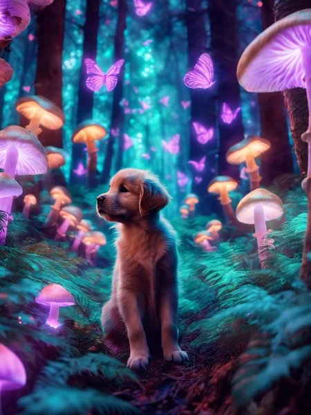 pet portrait of 1 chubby smiling golden retriever puppy in a glowing forest with glowing mushrooms and glowing butterflies, hd, pet photography, full body portrait, distant portrait <lora:glowing_forest_pet_portrait-000004:1>