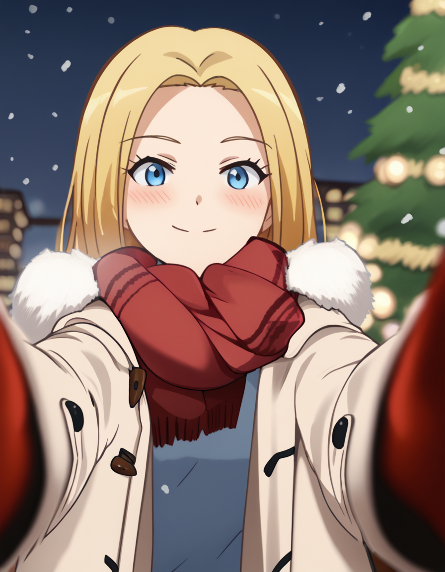 score_9, score_8_up, score_7_up, source_anime, <lora:rio-nakamura-s1s2-ponyxl-lora-nochekaiser:1>, rio nakamura, long hair, blue eyes, blonde hair, medium breasts, anime screencap,, <lora:pov-cheek-warming-ponyxl-lora-nochekaiser:1>, pov cheek warming, pov cheek warming (meme), winter gloves, duffel coat, fur-trimmed scarf, winter clothes, red mittens, meme, winter coat, red scarf, fur-trimmed coat, reaching towards viewer, reaching, mittens, fur-trimmed hood, white coat, open coat, scarf, coat, red gloves, snowing, pov, fur trim, depth of field, smile, blush,, christmas, christmas tree, christmas lights,, , dutch angle, cowboy shot