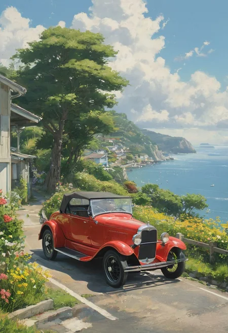**Prompt:**
Create a stunning, high-resolution image of a vintage Ford Model A roadster with gleaming red and black bodywork, chrome accents, and classic whitewall tires, positioned in a picturesque coastal town. The setting should feature rolling green hills leading down to a sparkling blue ocean, with charming seaside houses dotting the landscape. The sky is bright and filled with fluffy white clouds, casting soft, natural light that enhances the vibrant colors and details of the scene. 