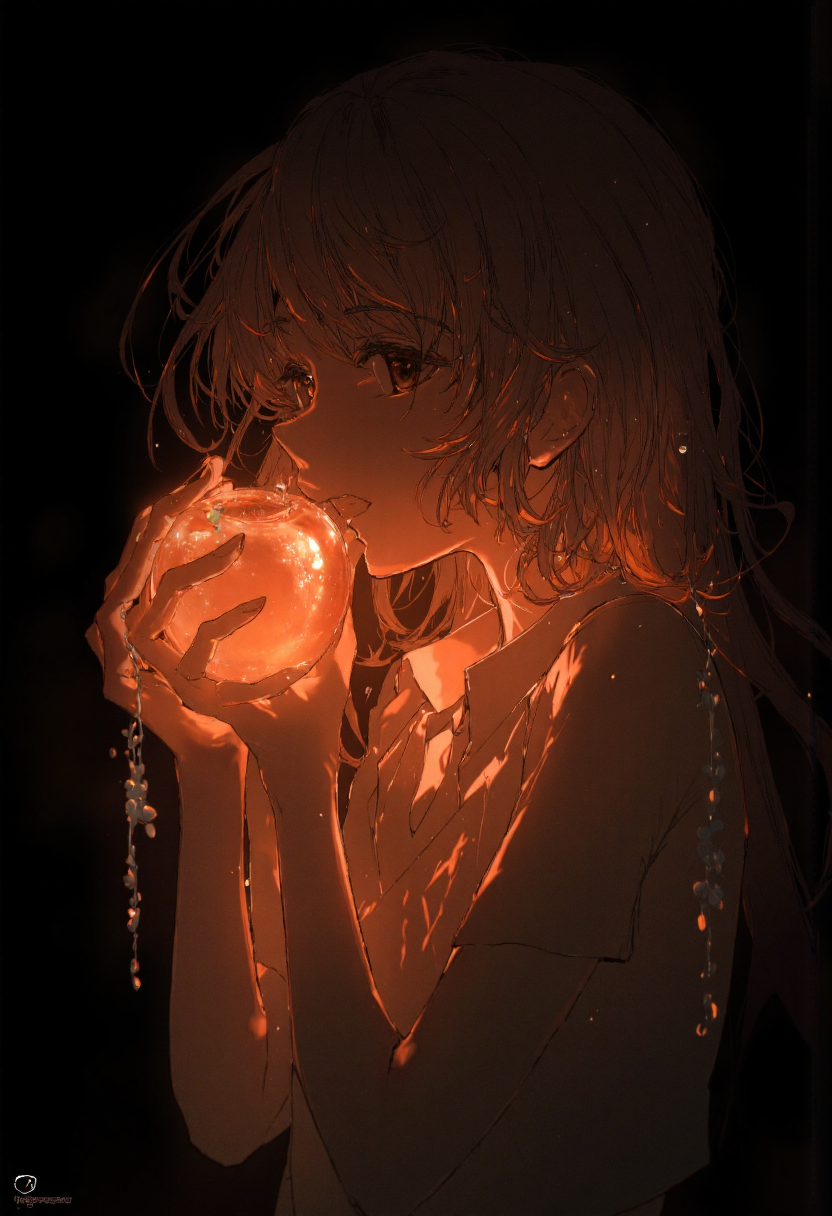 1 girl holding a shiny glowing apple (Glass statues:1.3), girl open mouth and biting the apple, facing to the side but eyes looking back at viewer ,only showing upper body, light particles rim lighting and bokeh, black simple background,b74_aes